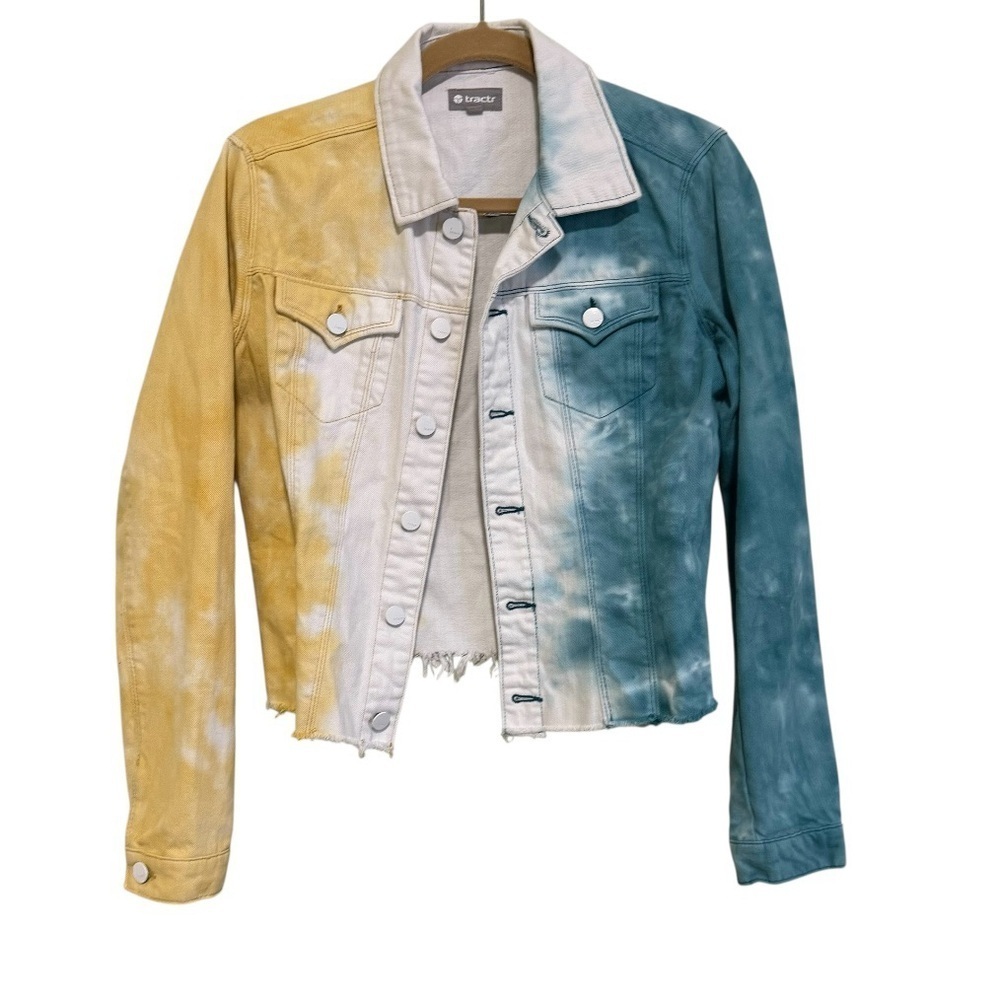 Tractr Hombre Denim Jacket Womens S - White, Teal and Yellow